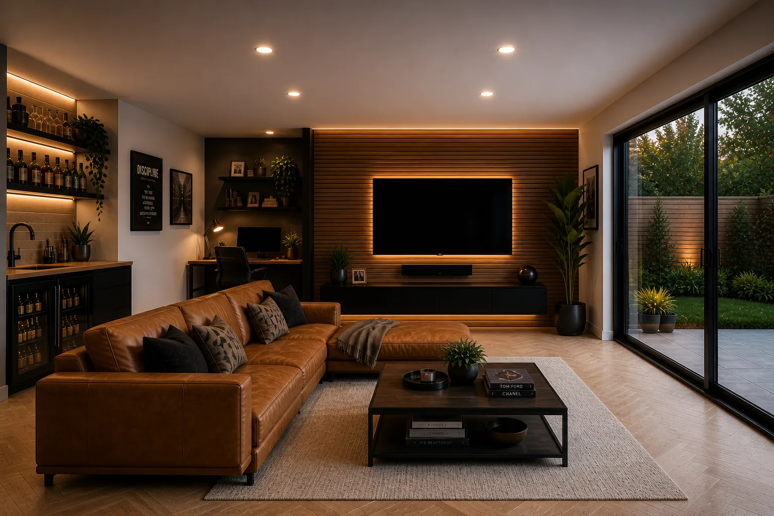 A garden room interior at dusk — open sliding doors to the garden