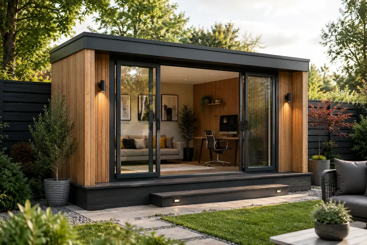 The Den with full-width bi-folds open — the room and the garden read as a single space.