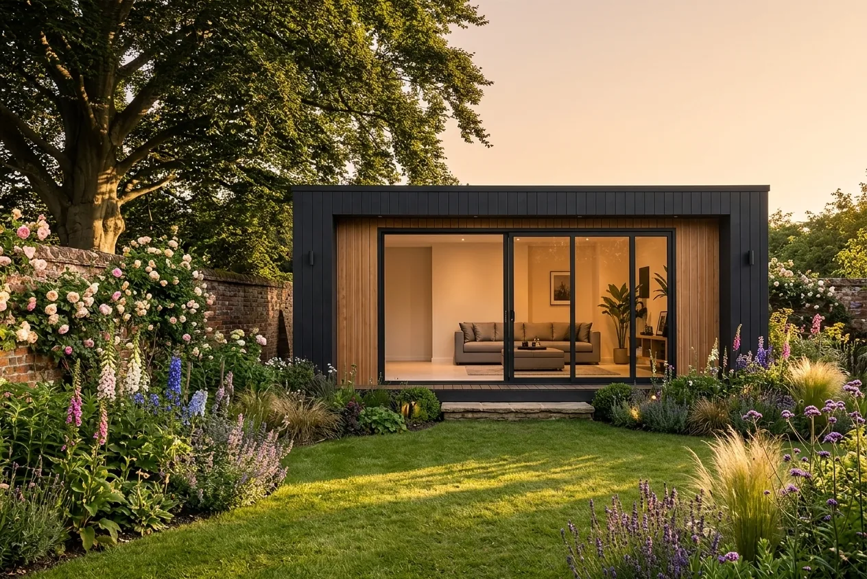 A typical Signature-tier brief — 5.0 × 3.5 m, SIP construction, oversized sliding glazing — sits comfortably in the mid-£20k bracket.