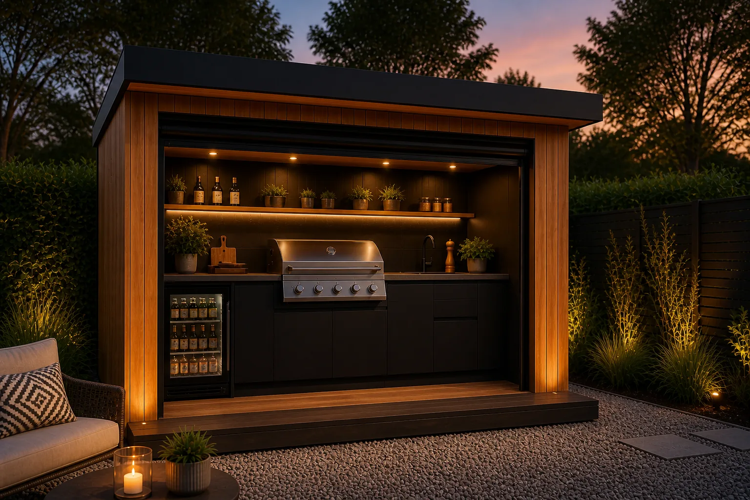 An Arden & Oak compact garden bar at dusk
