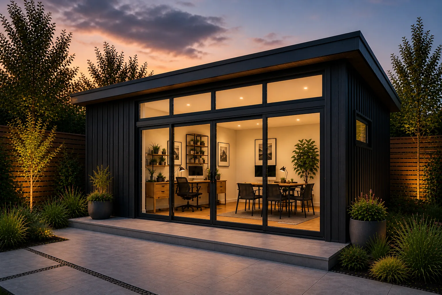 An Arden & Oak garden room at twilight