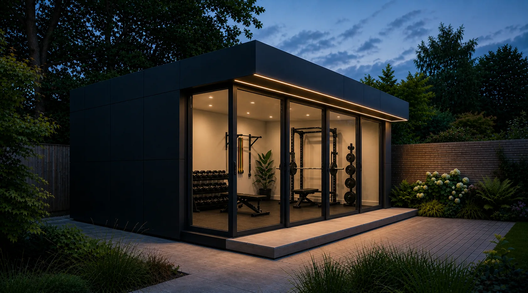 An architectural garden room at dusk